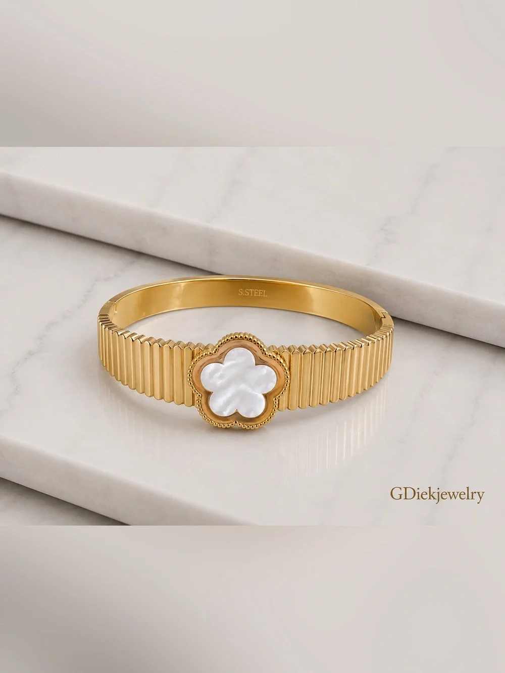 Stainless Steel  Flower Mother-of-Pearl Bangle Bracelet